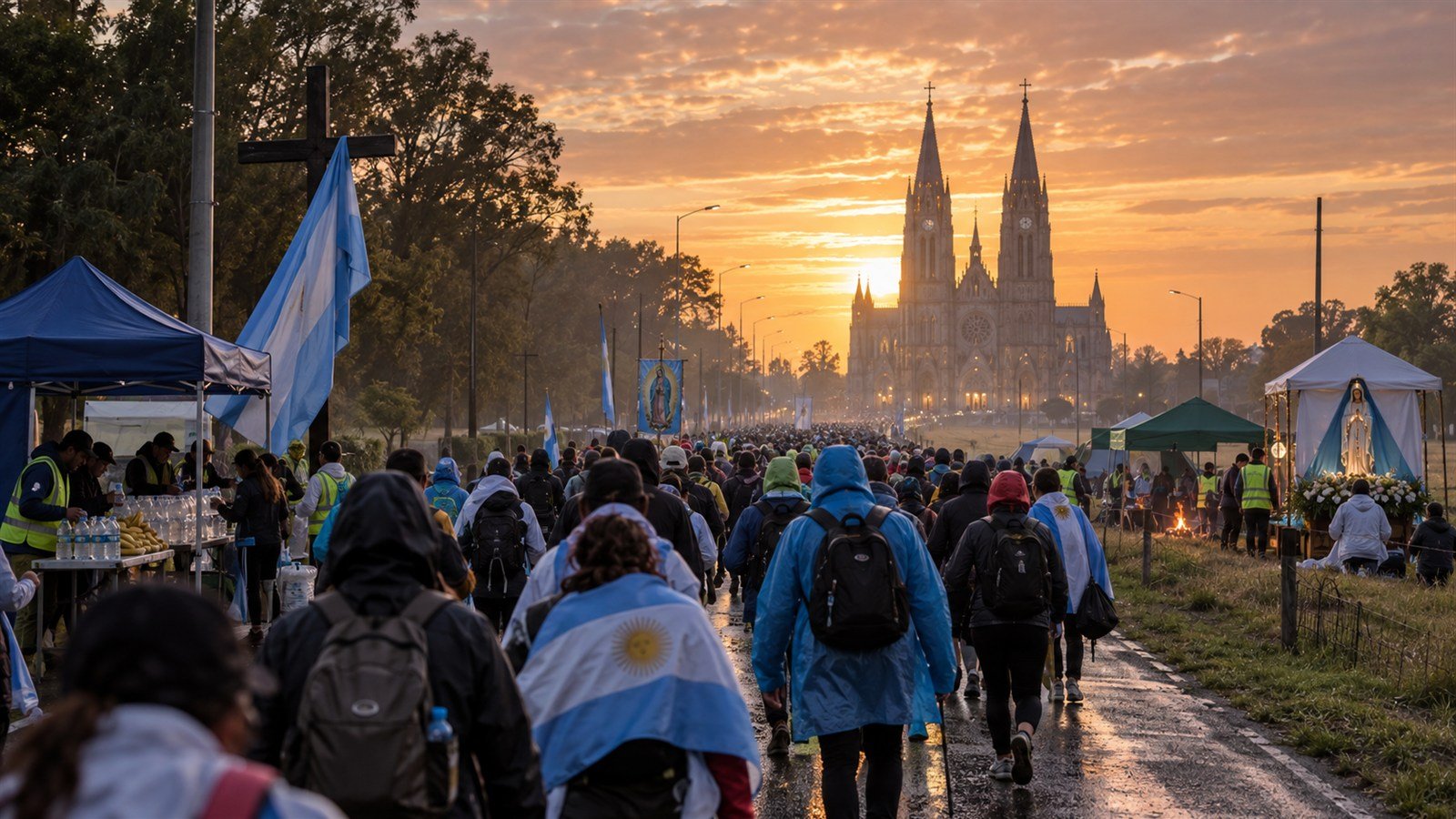 Peregrinos avanzan hacia la Basílica de Luján junto a puestos de asistencia