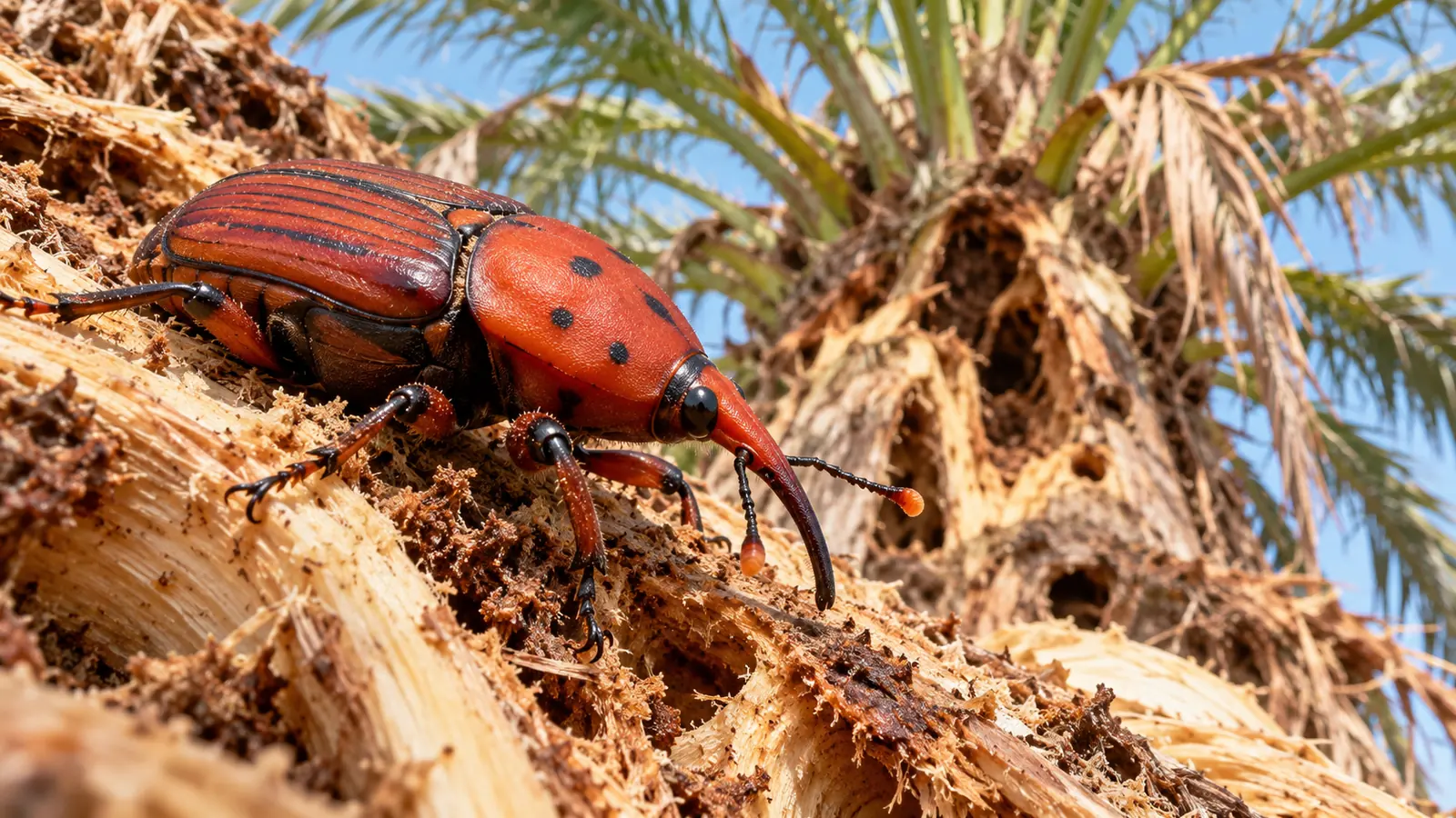 Picudo rojo adulto sobre el tejido dañado de una palmera