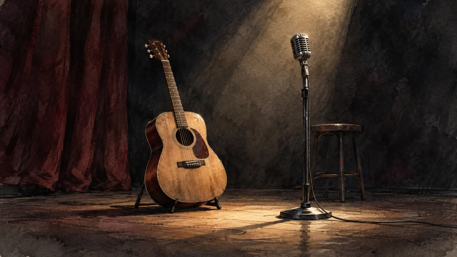 Una guitarra acústica y un micrófono en un escenario iluminado