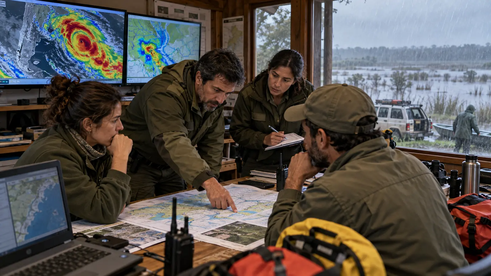 Guardaparques revisan mapas meteorológicos durante una lluvia intensa cerca de un humedal