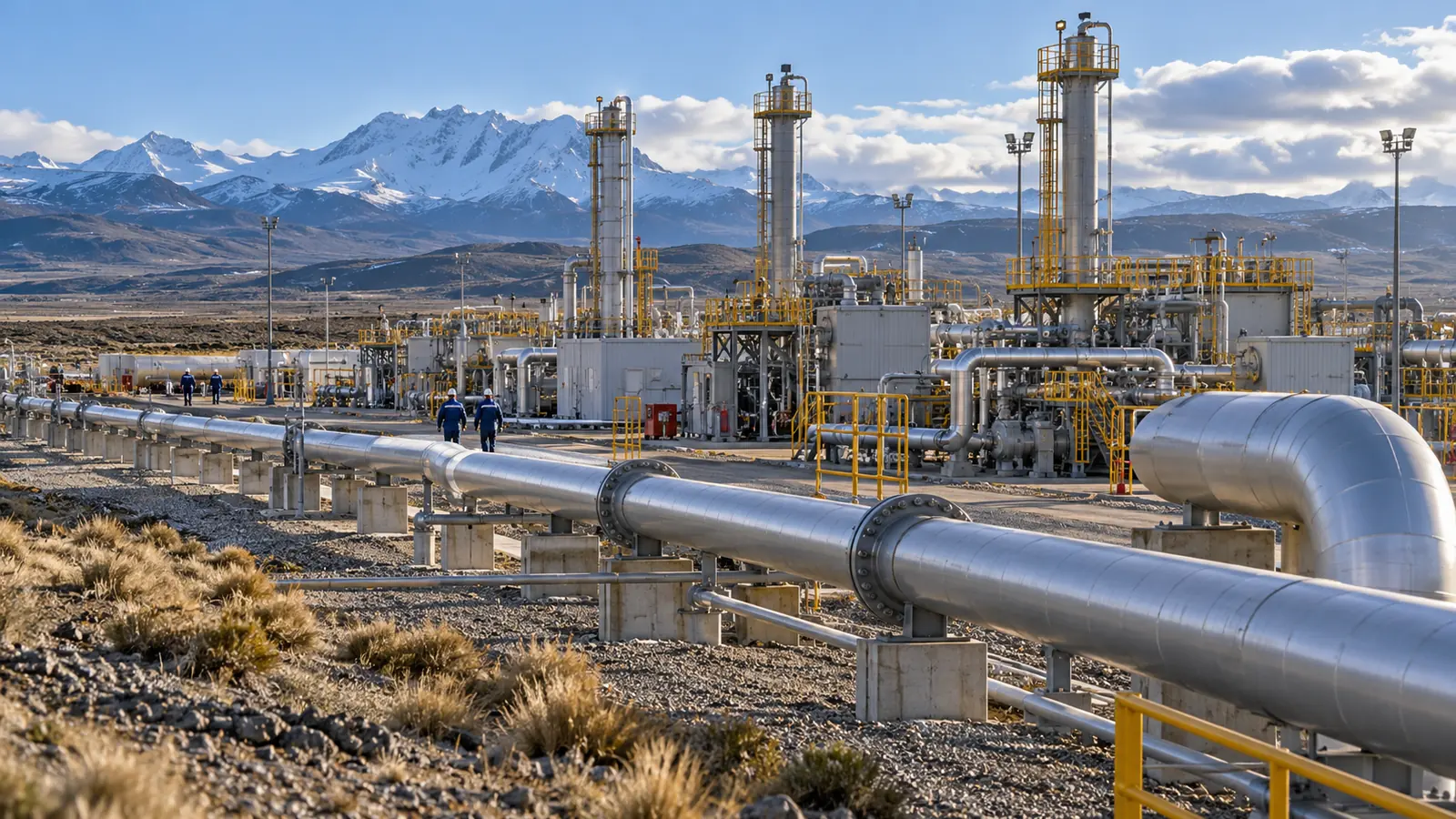 Planta compresora y tuberías de gas en la estepa patagónica con montañas nevadas al fondo