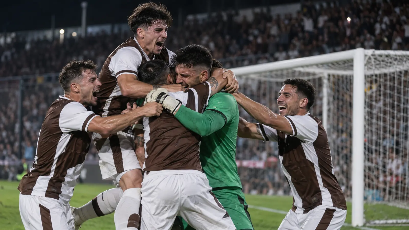 Futbolistas de camisetas marrones y blancas celebran junto al arco