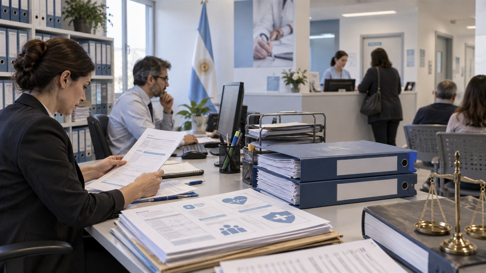 Personal administrativo revisa expedientes de cobertura médica en una oficina