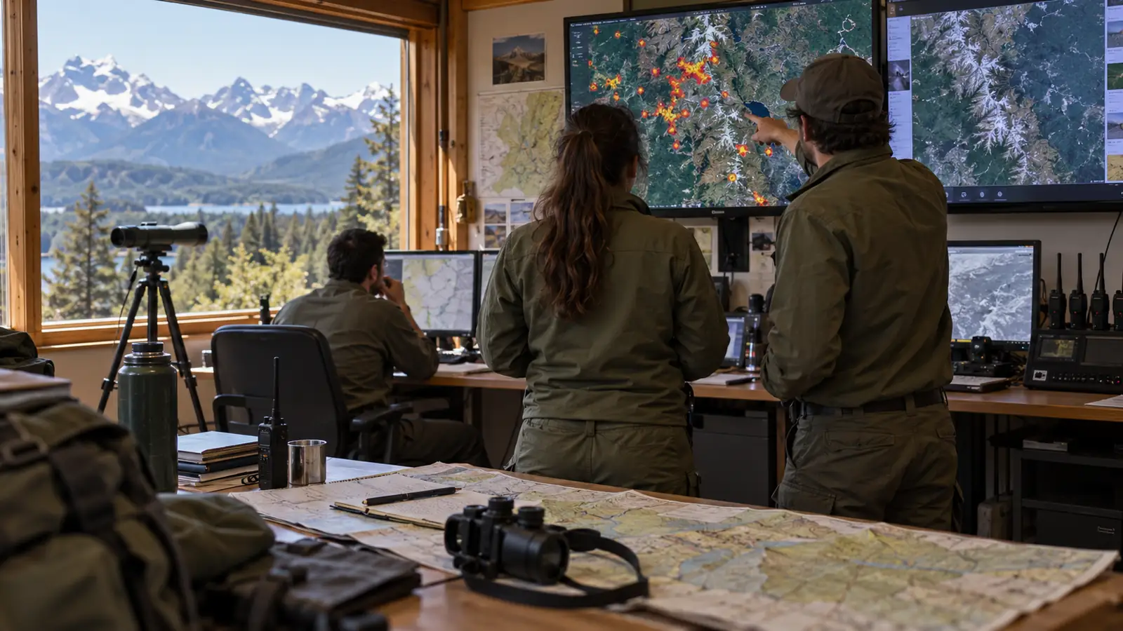 Guardaparques observan mapas satelitales de calor en un centro operativo frente a un bosque de la Patagonia