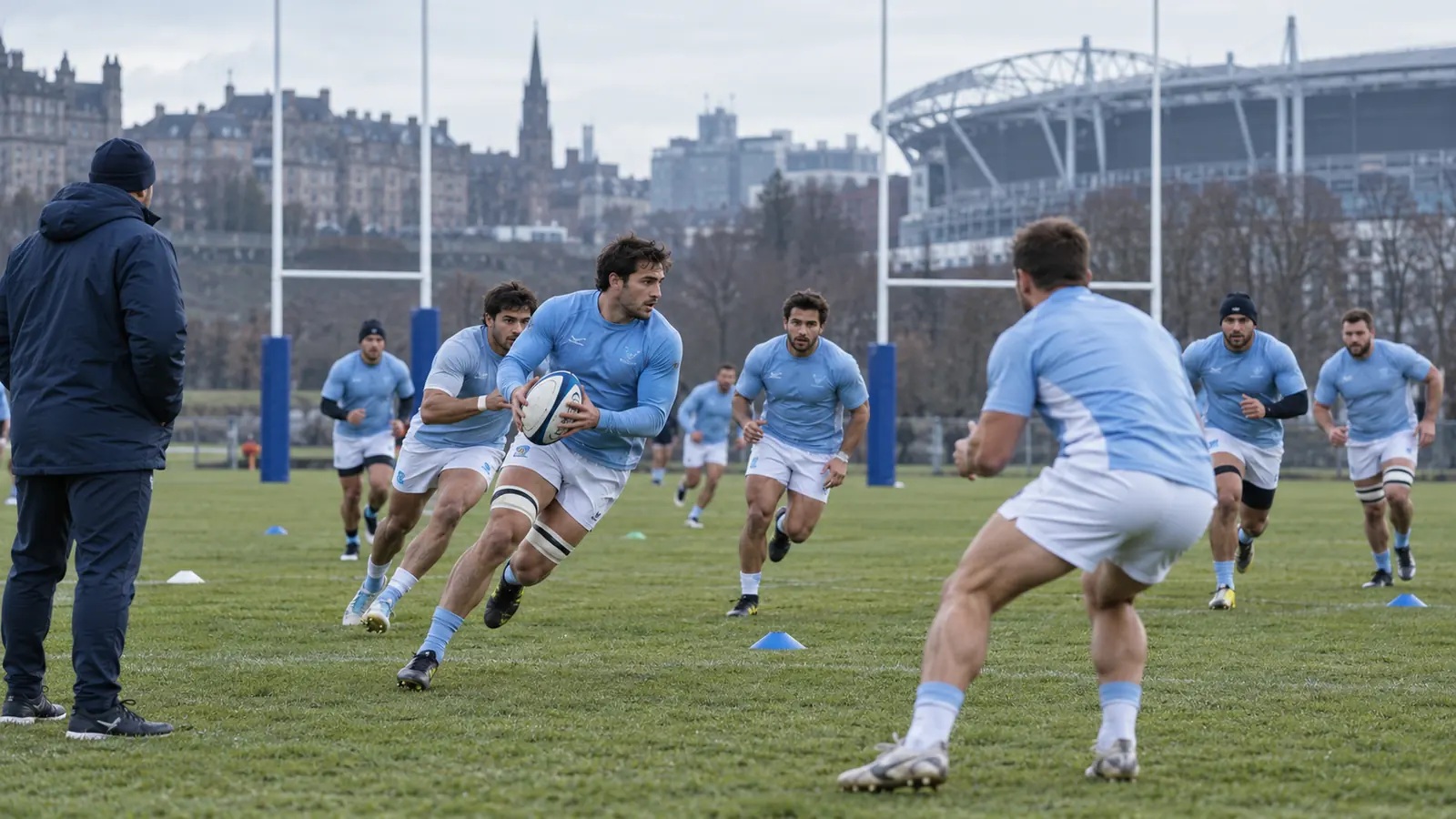 Jugadores con camisetas celestes y blancas entrenan con pelotas de rugby