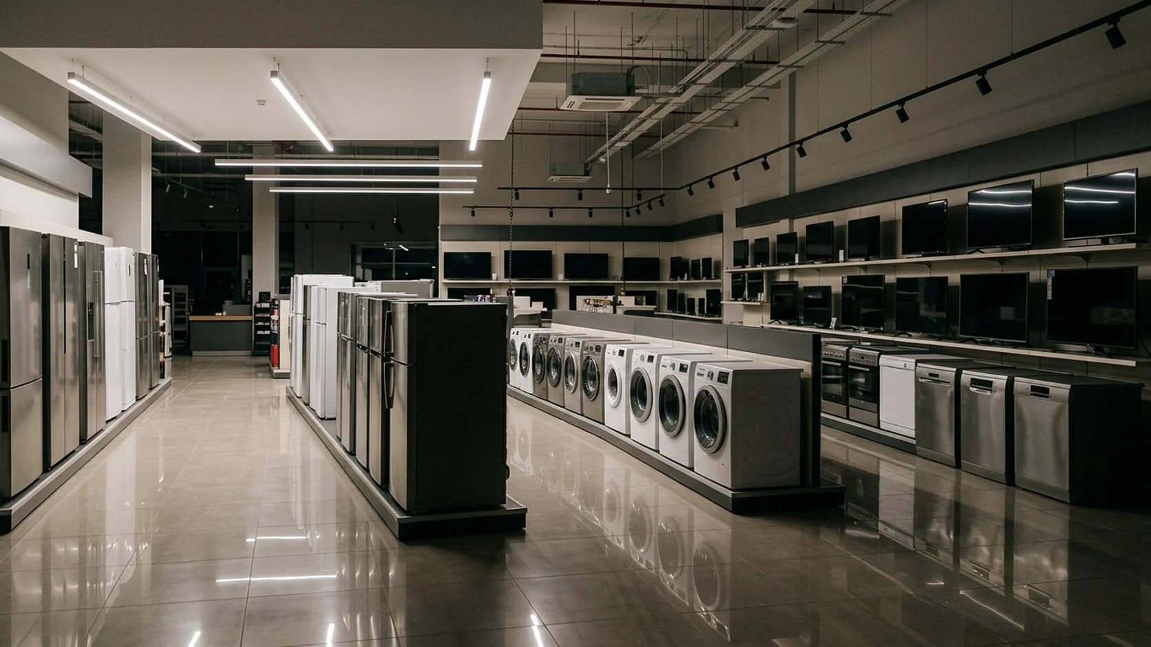 Salón de ventas comercial con electrodomésticos en exhibición y piso reflectante bajo luces frías