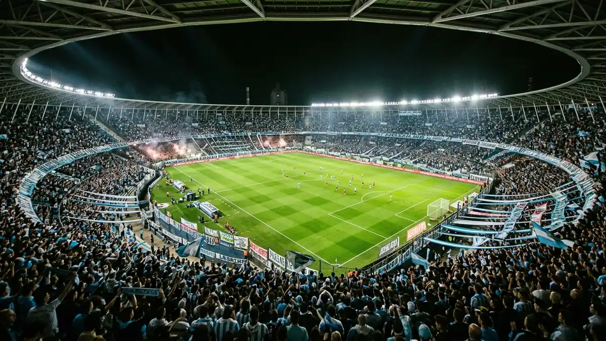 Estadio Presidente Perón colmado de hinchas de Racing Club celebrando durante la goleada copera de noche en Avellaneda