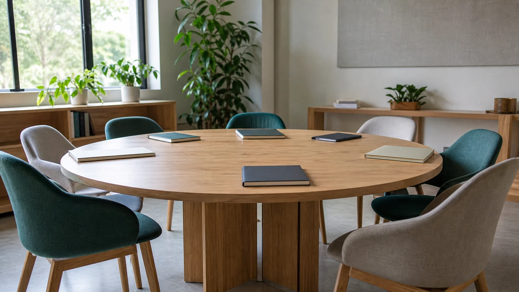 Mesa circular preparada para una reunión interdisciplinaria en un centro comunitario