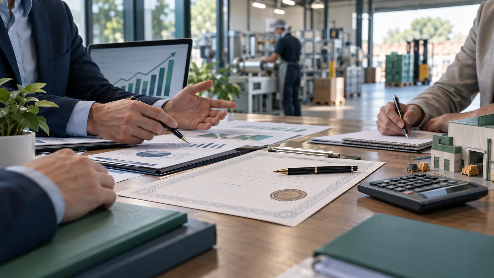 Mesa de trabajo con documentos financieros, gráficos y una pequeña planta industrial al fondo
