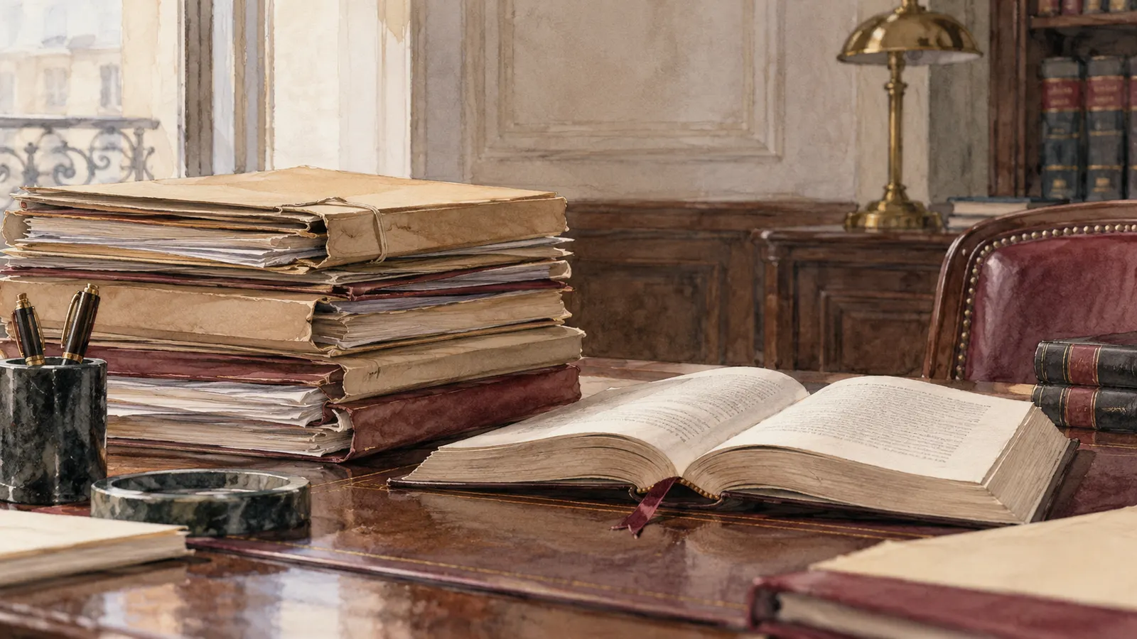 Expedientes y un libro abierto sobre un escritorio