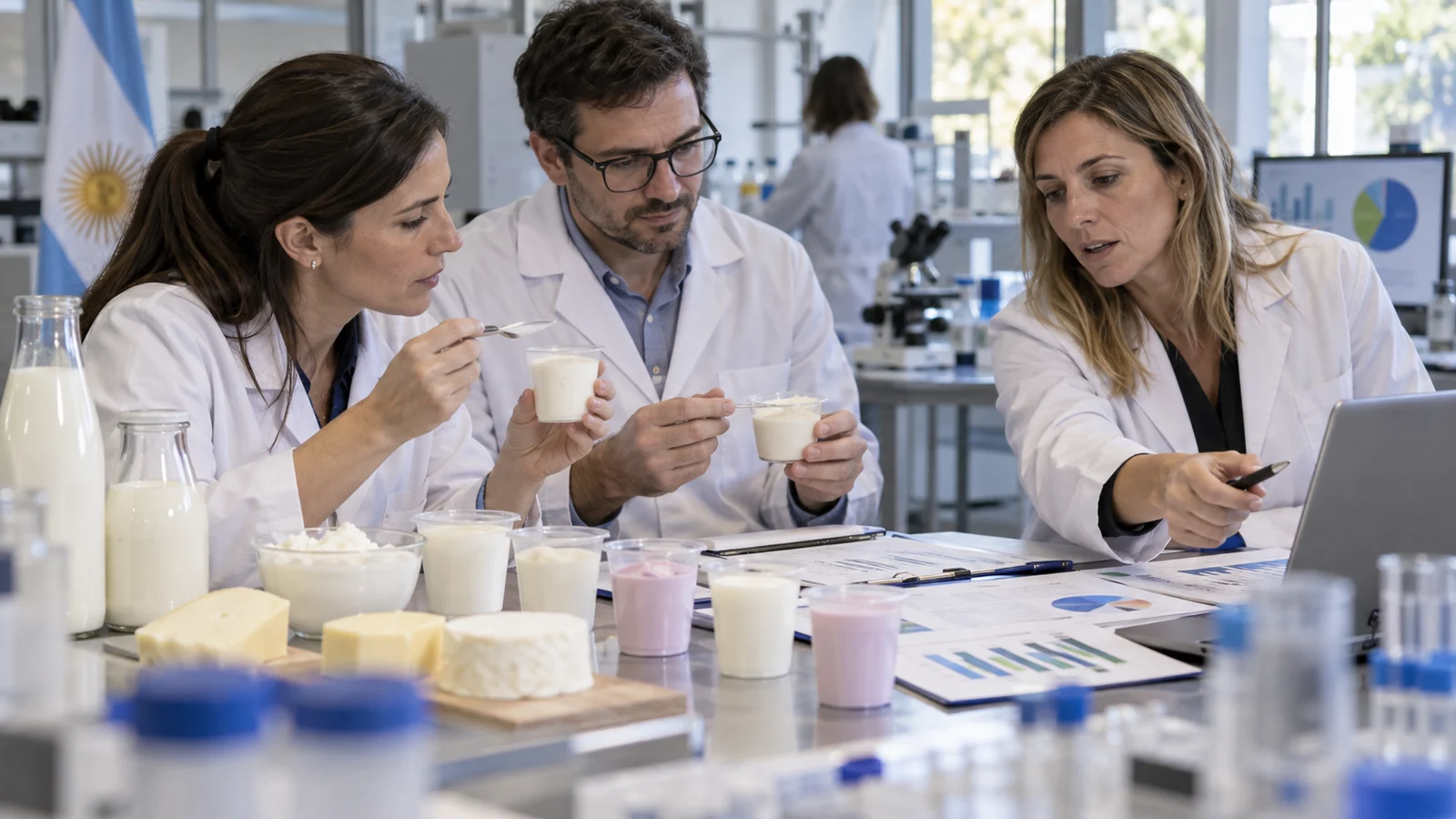Especialistas analizan muestras de alimentos lácteos en un laboratorio