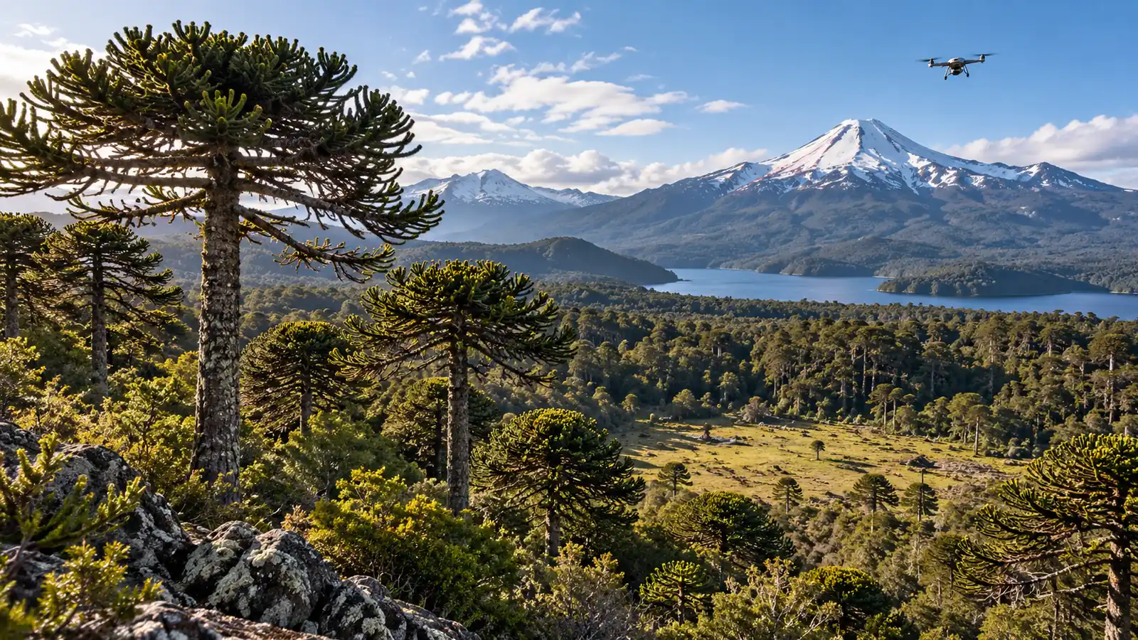 Pehuenes en un paisaje cordillerano con un dron pequeño sobre el bosque