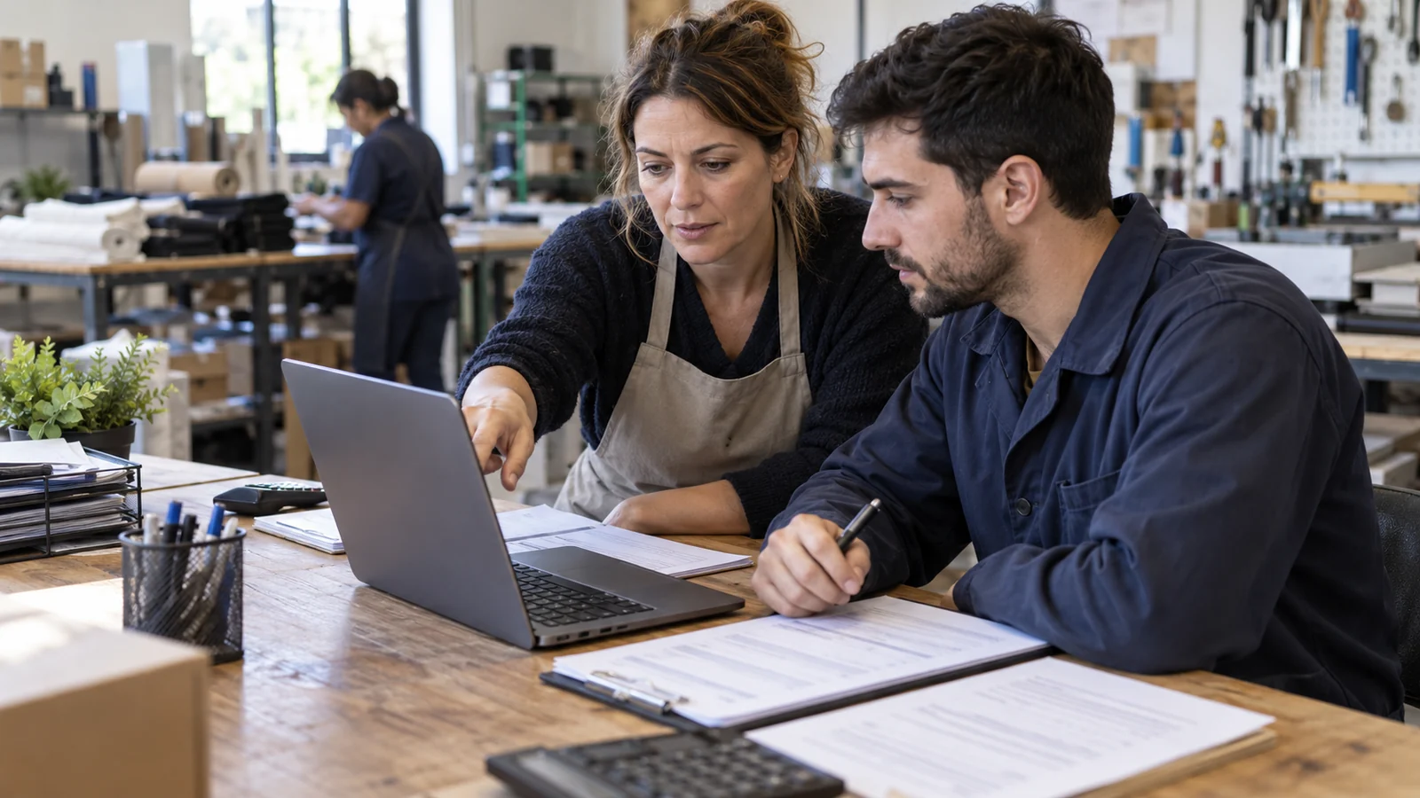 Responsables de una pequeña empresa revisan documentación laboral frente a una computadora