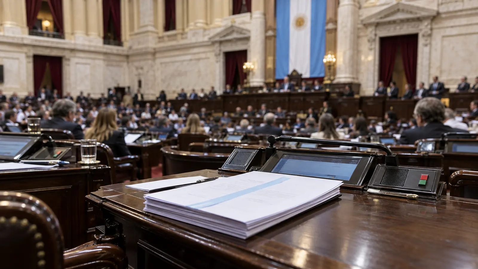 Recinto legislativo con documentos sobre una banca y una bandera argentina al fondo