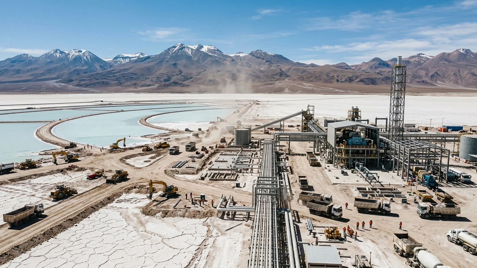 Obras de infraestructura y piletas de evaporación en la planta de litio del Salar del Rincón en Salta