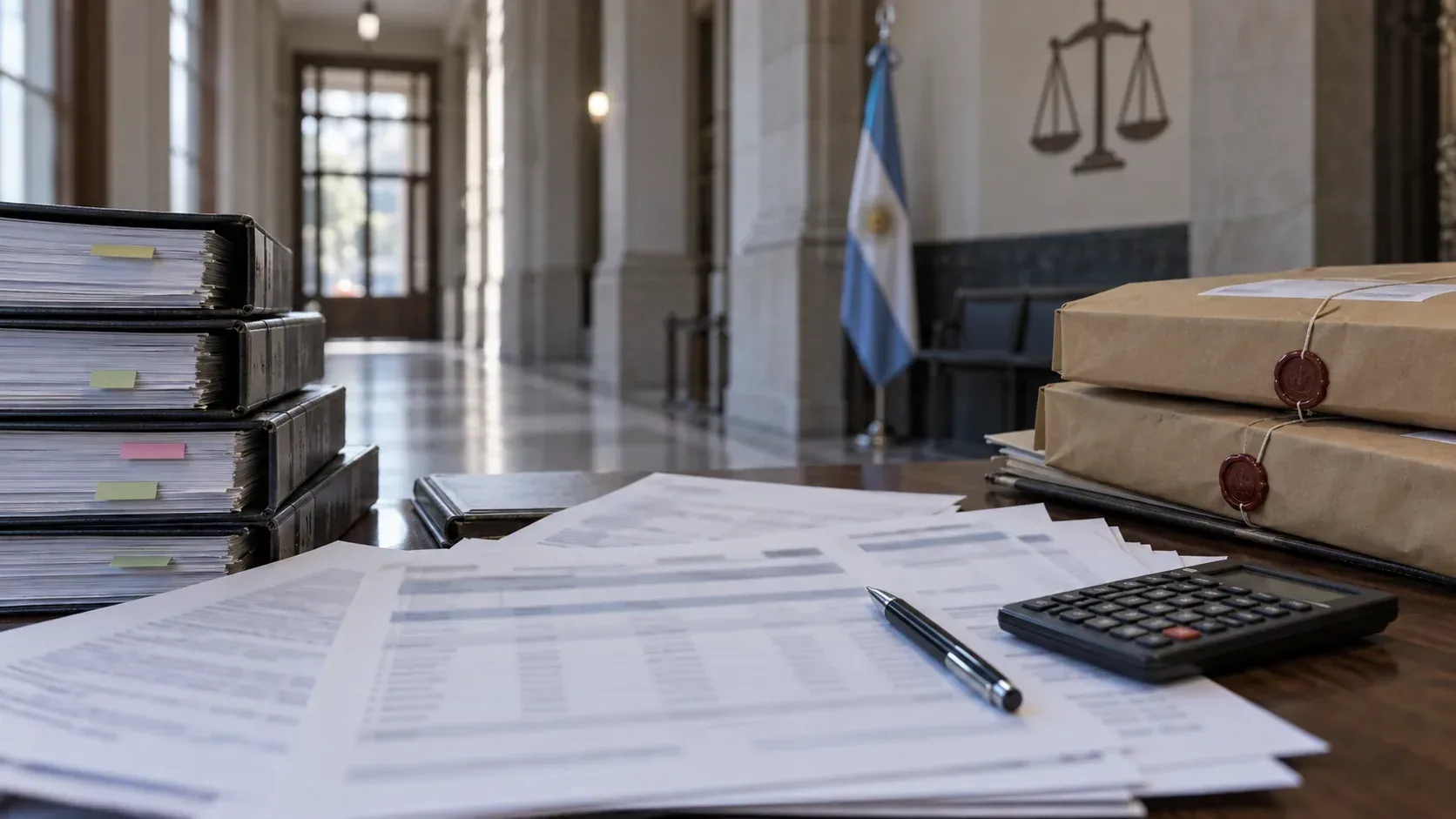 Expedientes y registros contables sobre una mesa dentro de un edificio judicial