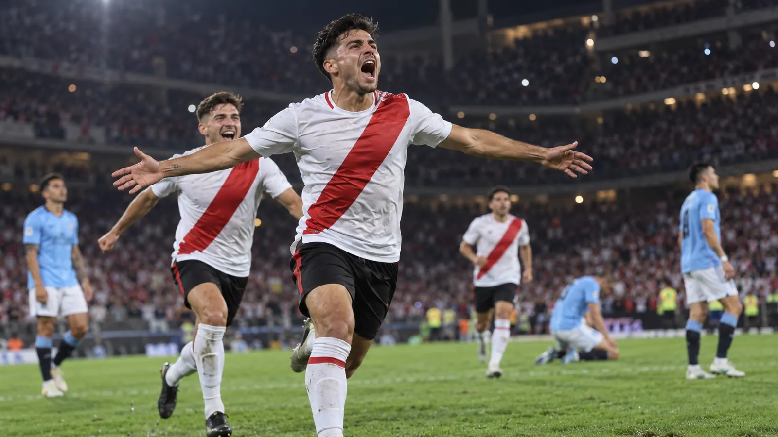 Futbolistas de blanco con banda roja celebran un gol frente a rivales celestes en un estadio nocturno