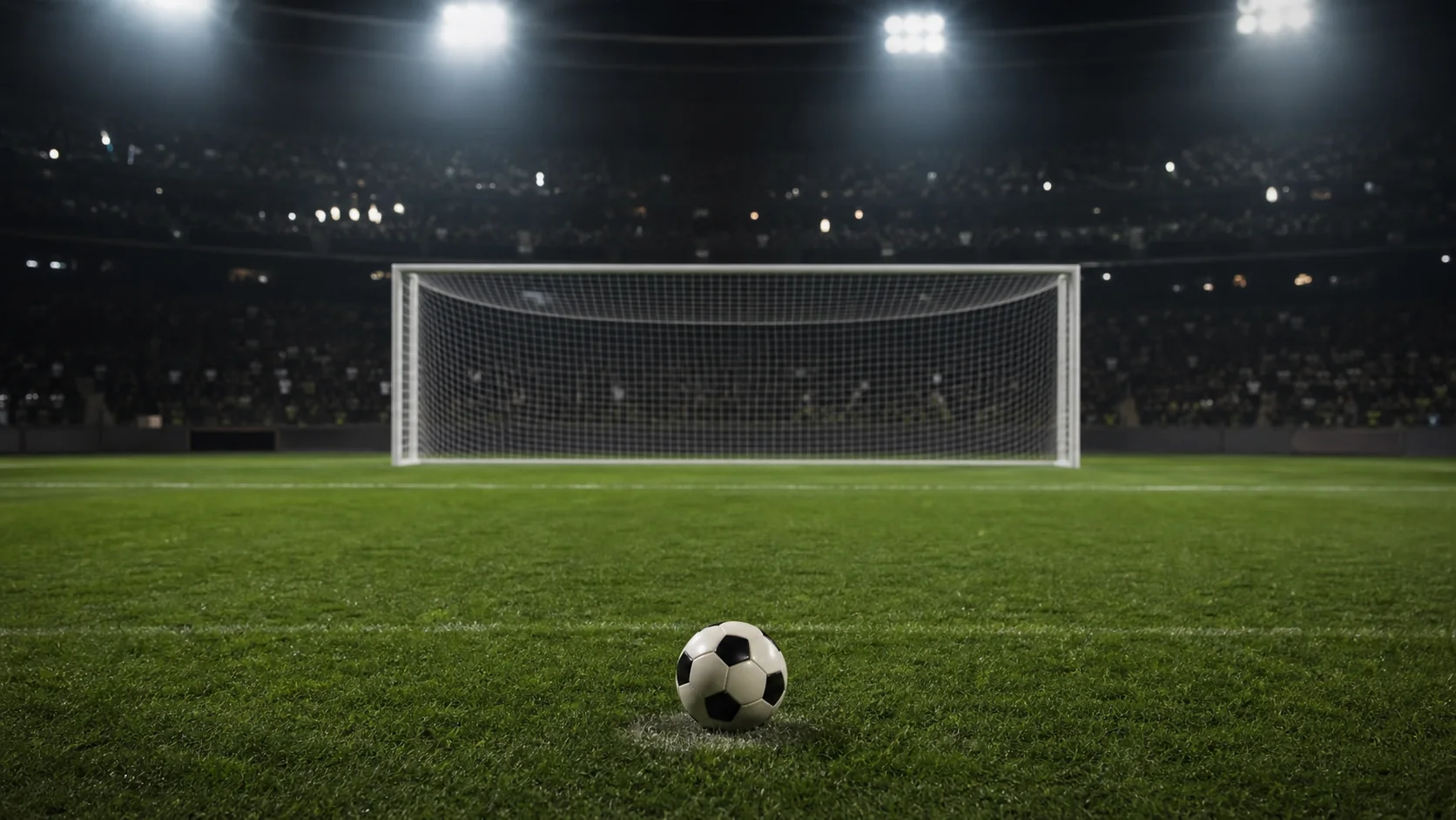 Arco de fútbol iluminado durante una definición por penales en un estadio nocturno