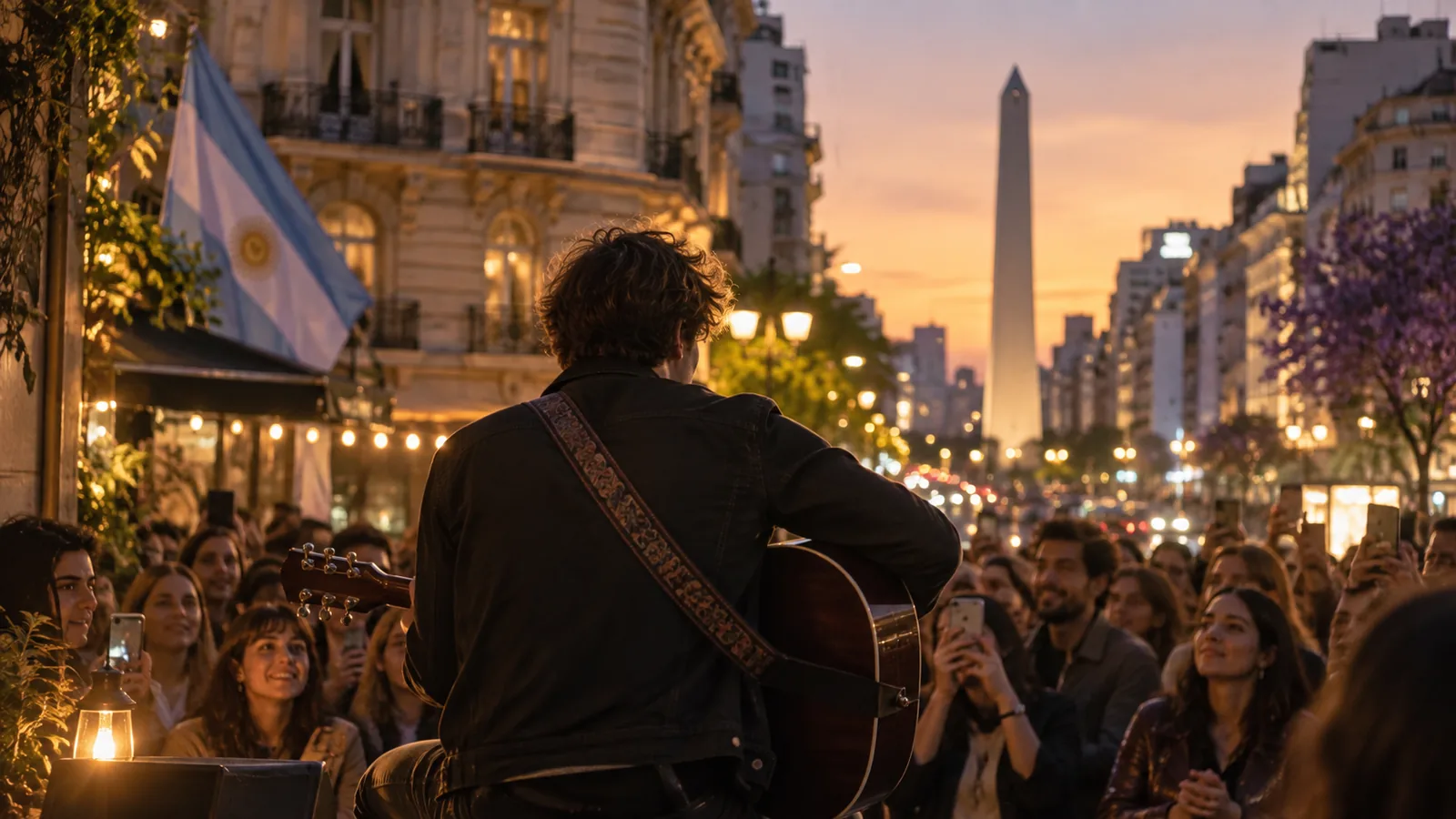 Ilustración editorial de un cantante con guitarra frente a seguidores en una calle de Buenos Aires