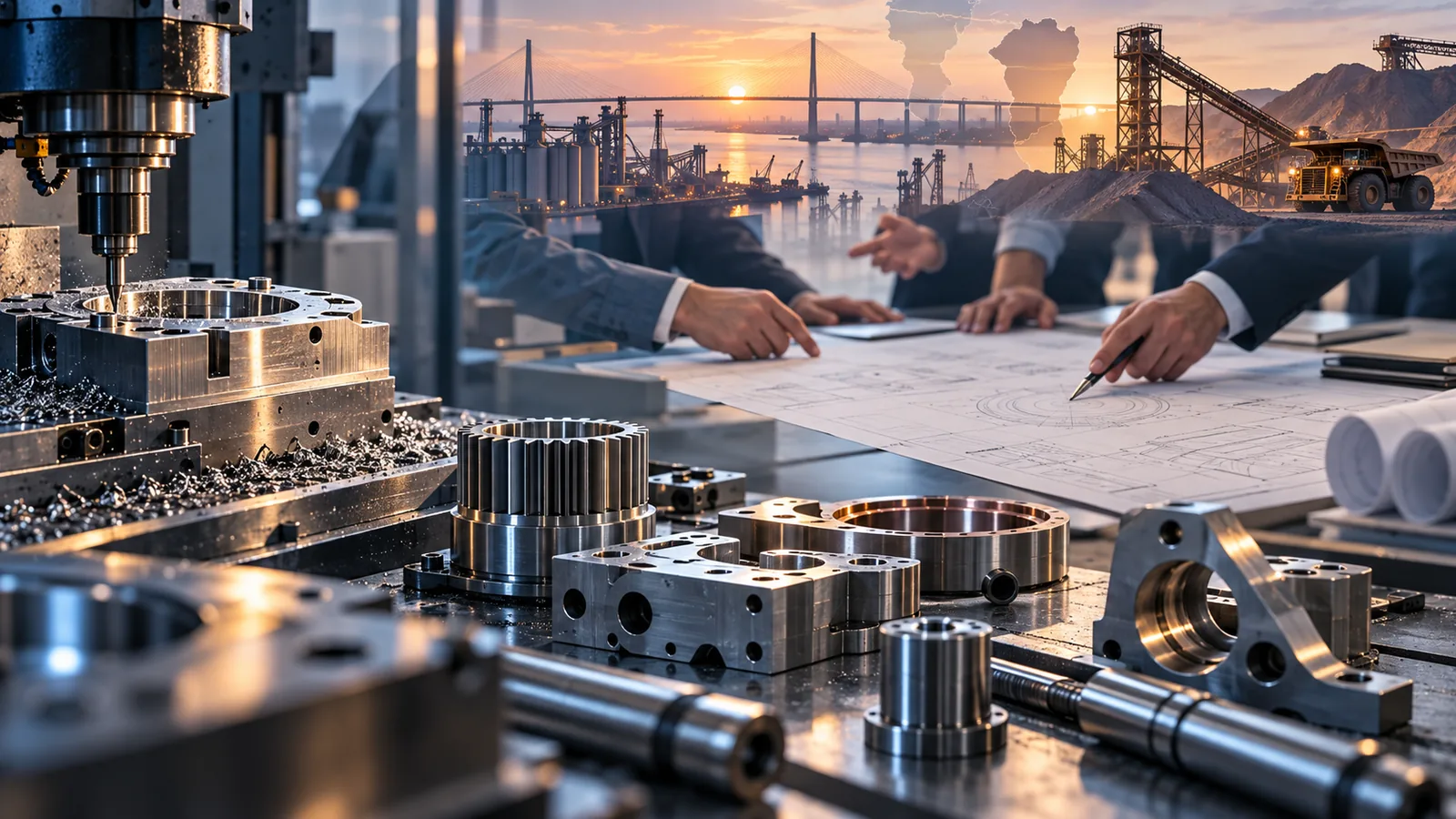 Piezas metálicas mecanizadas junto a personas que revisan planos industriales sobre una mesa