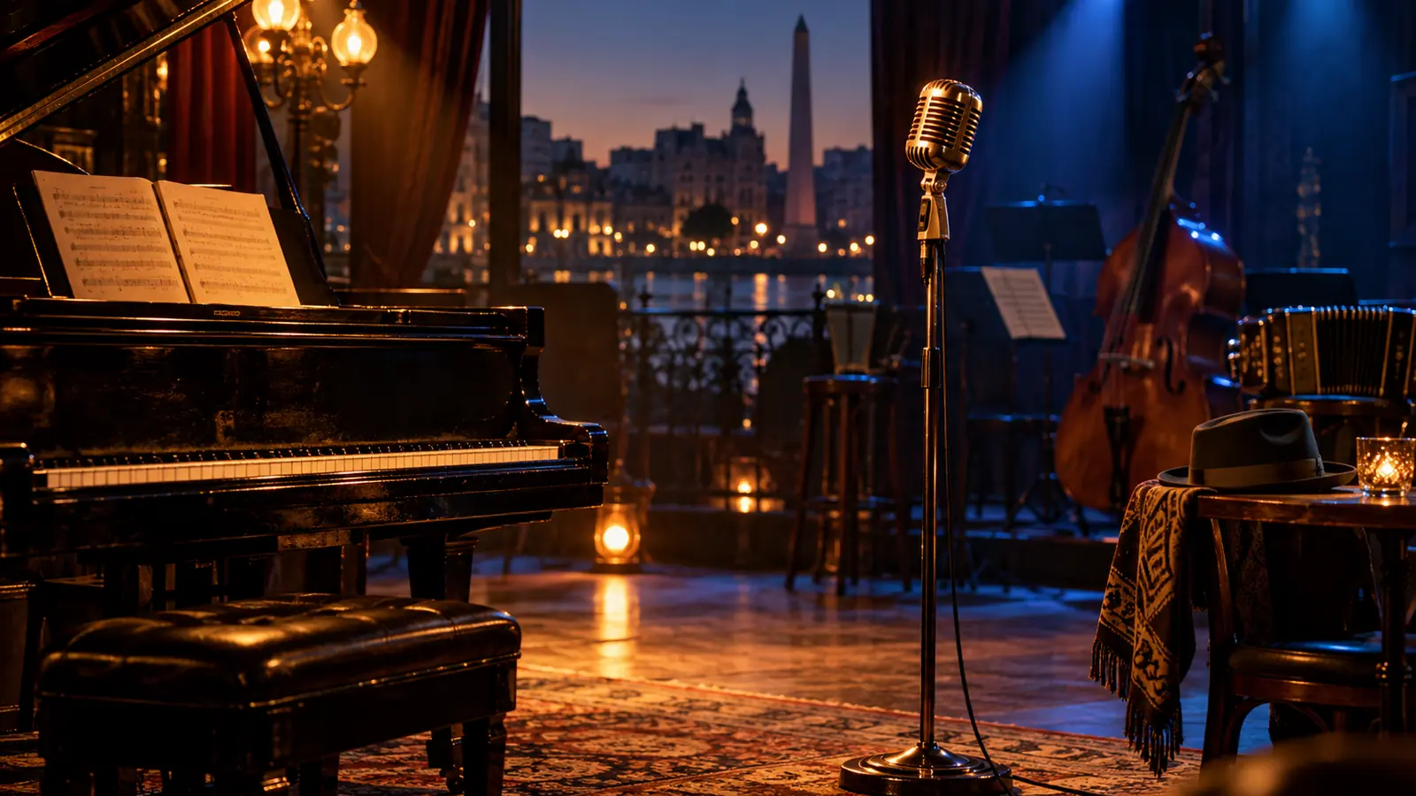 Escenario de jazz vacío con micrófono, piano, contrabajo y luces azules y ámbar