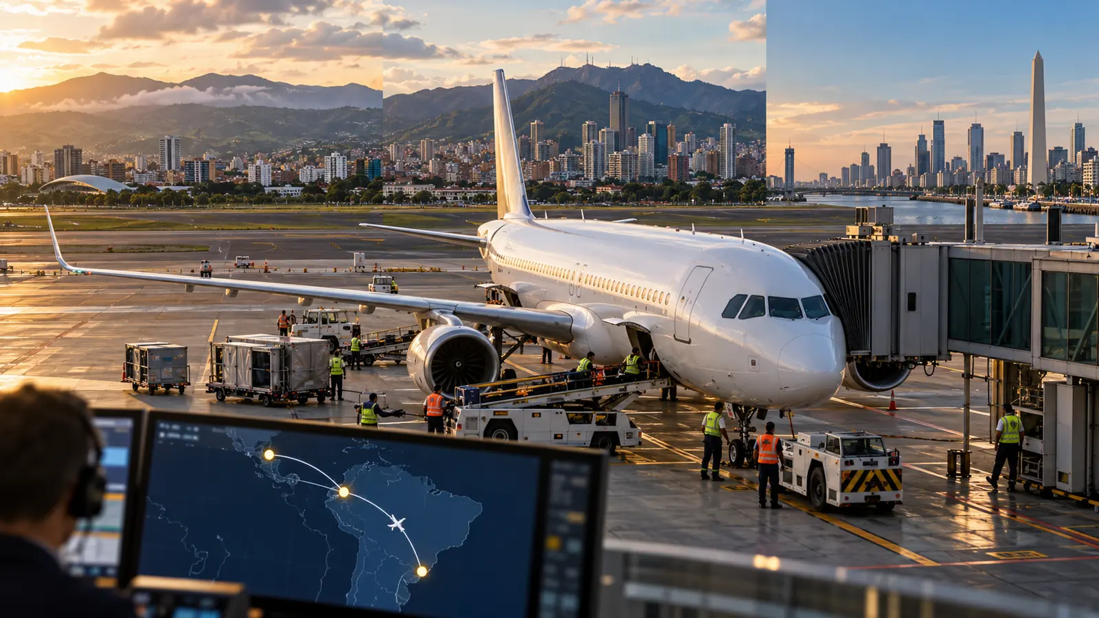 Avión comercial sin logotipos conectado a una manga en un aeropuerto internacional al atardecer