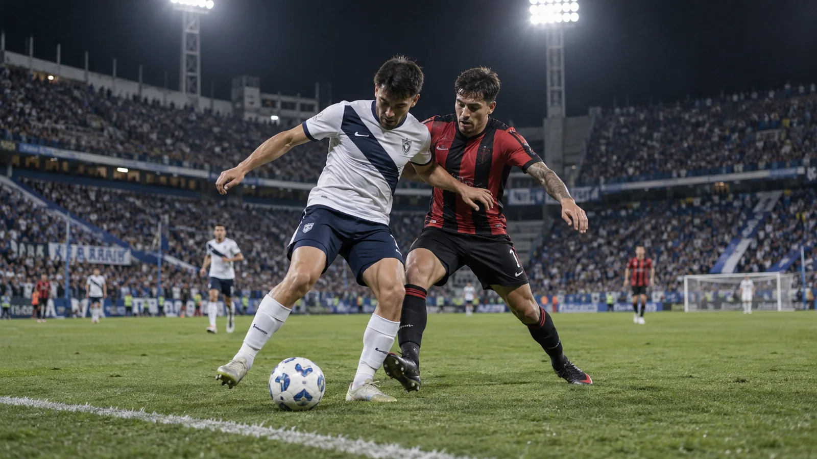 Dos futbolistas disputan la pelota durante un partido nocturno en un estadio lleno
