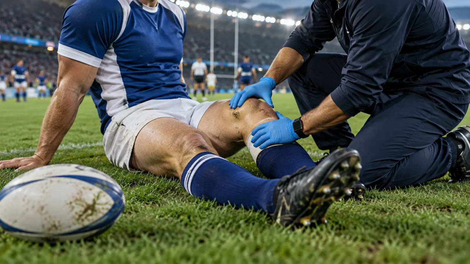 Médico deportivo revisa la rodilla de un jugador de rugby sentado sobre el césped