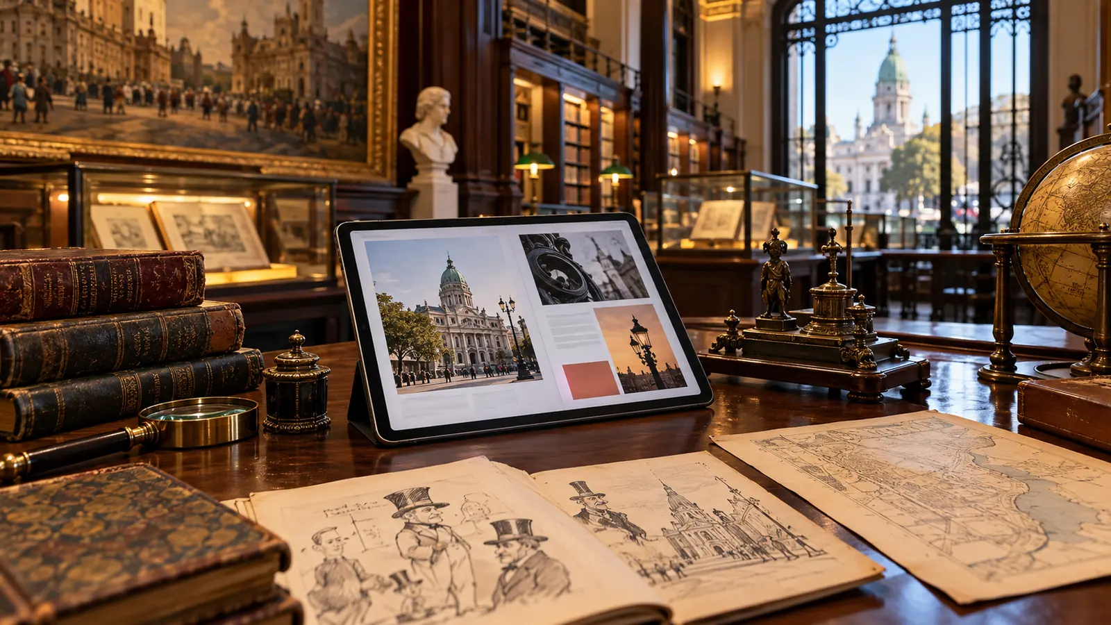Tableta con una revista digital entre libros, dibujos y objetos históricos