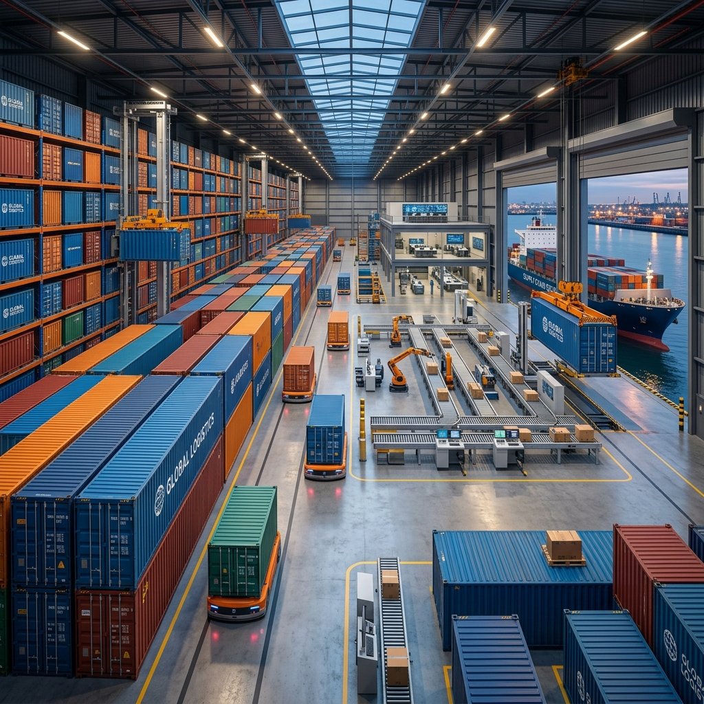 Contenedores perfectamente alineados en puerto automatizado