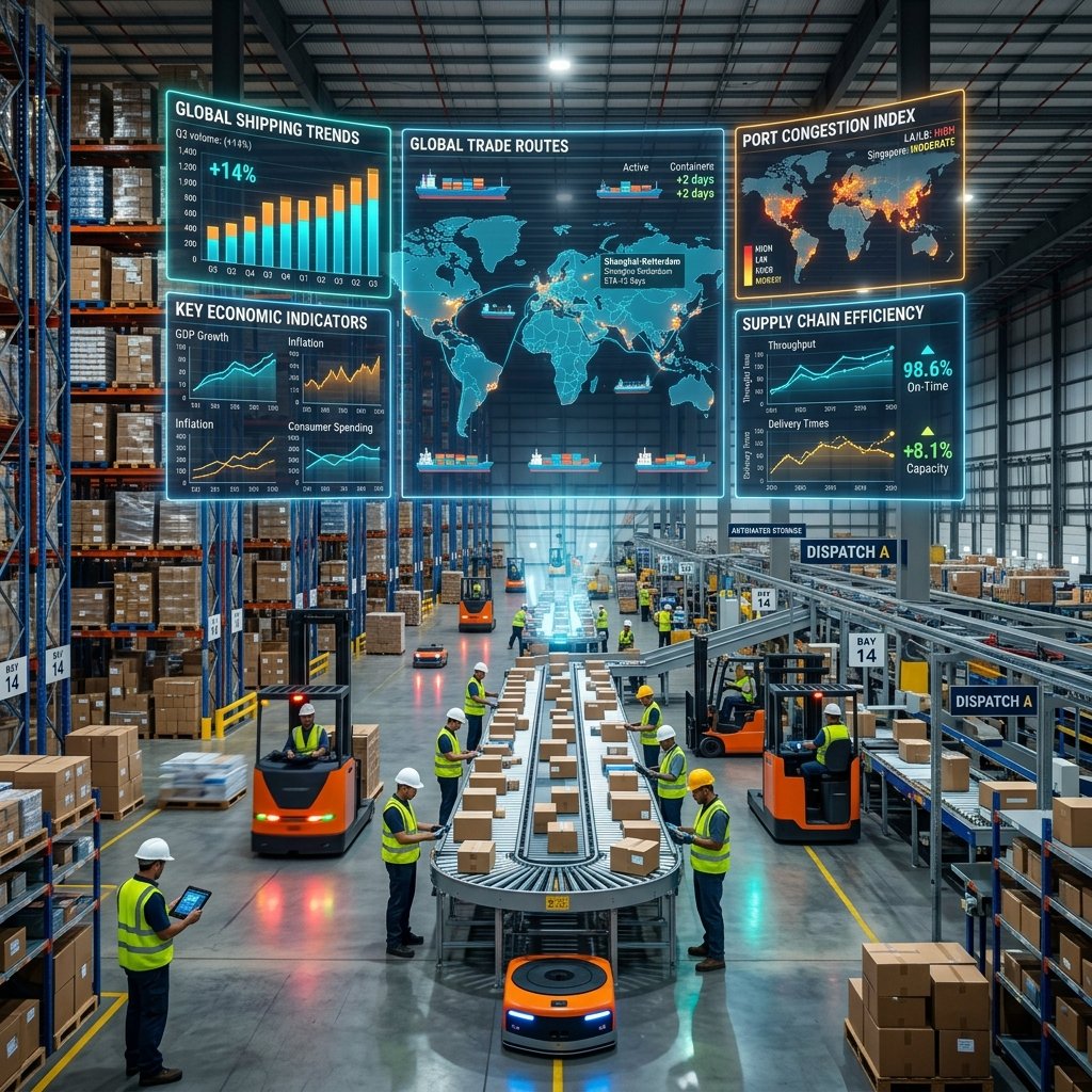 Centro logístico con contenedores y sistemas digitales