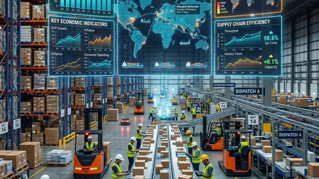 Centro logístico con contenedores, depósitos y sistemas digitales para coordinar operaciones de comercio exterior