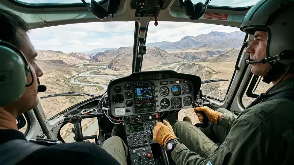 Vista del panel de instrumentos y comandos cíclico y colectivo durante un vuelo rasante en helicóptero
