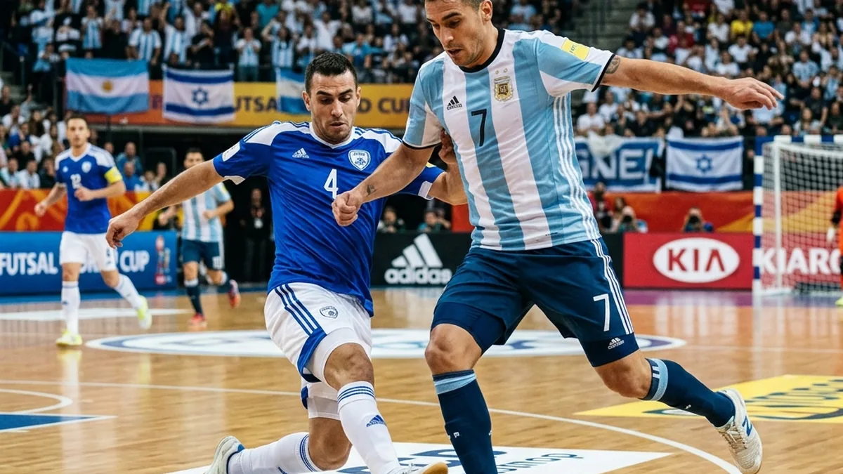 Acción de juego de la Selección Argentina de futsal disputando un balón en el torneo internacional ante Croacia