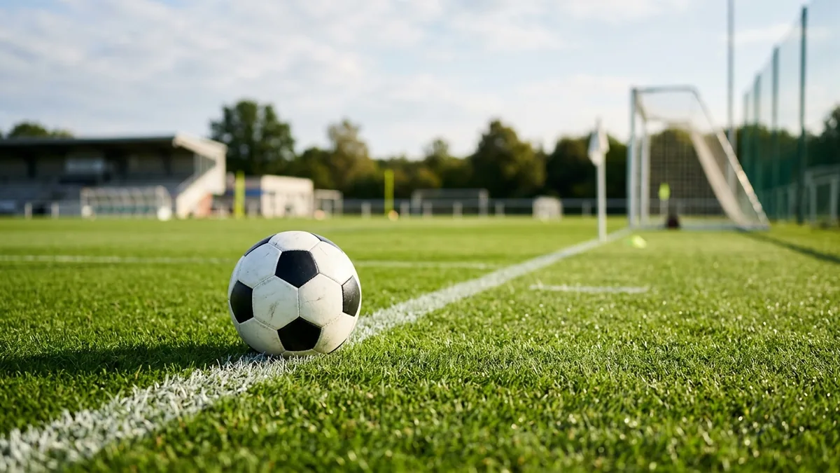 Balón de fútbol sobre el césped de un estadio profesional en una tarde soleada de competencia deportiva