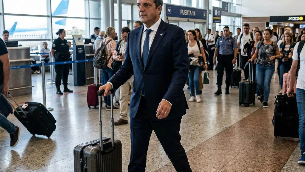 Sergio Massa caminando por un aeropuerto con su valija