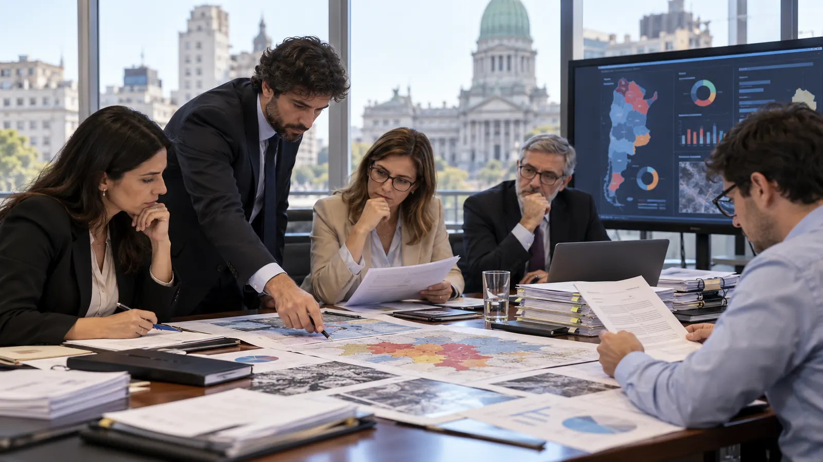 Equipo de auditoría revisa expedientes y mapas de riesgo en una oficina institucional