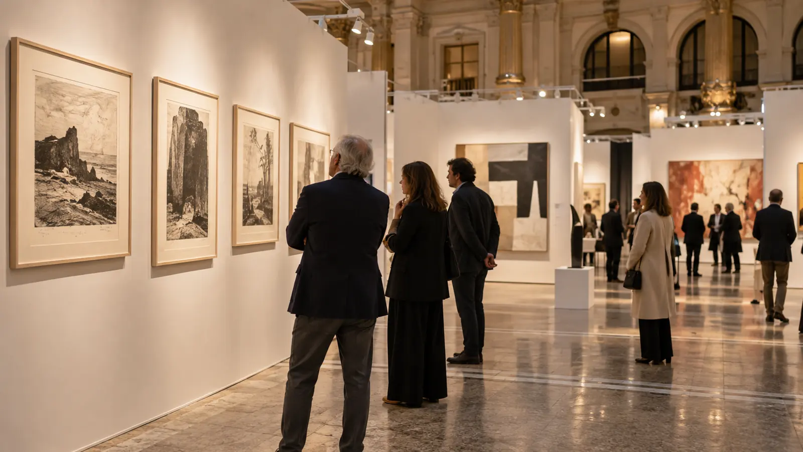 Visitantes observan una serie de grabados monocromos en una feria de arte