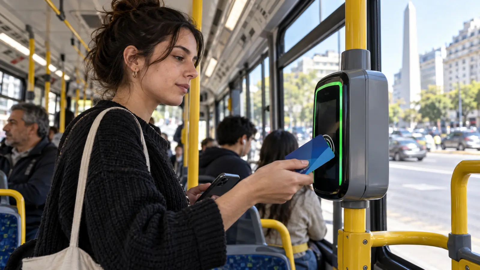 Pasajera acerca una tarjeta a una validadora electrónica dentro de un colectivo