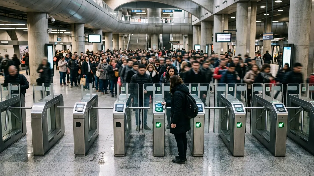 Pasajeros utilizando validadores digitales y dispositivos móviles en el acceso al transporte urbano