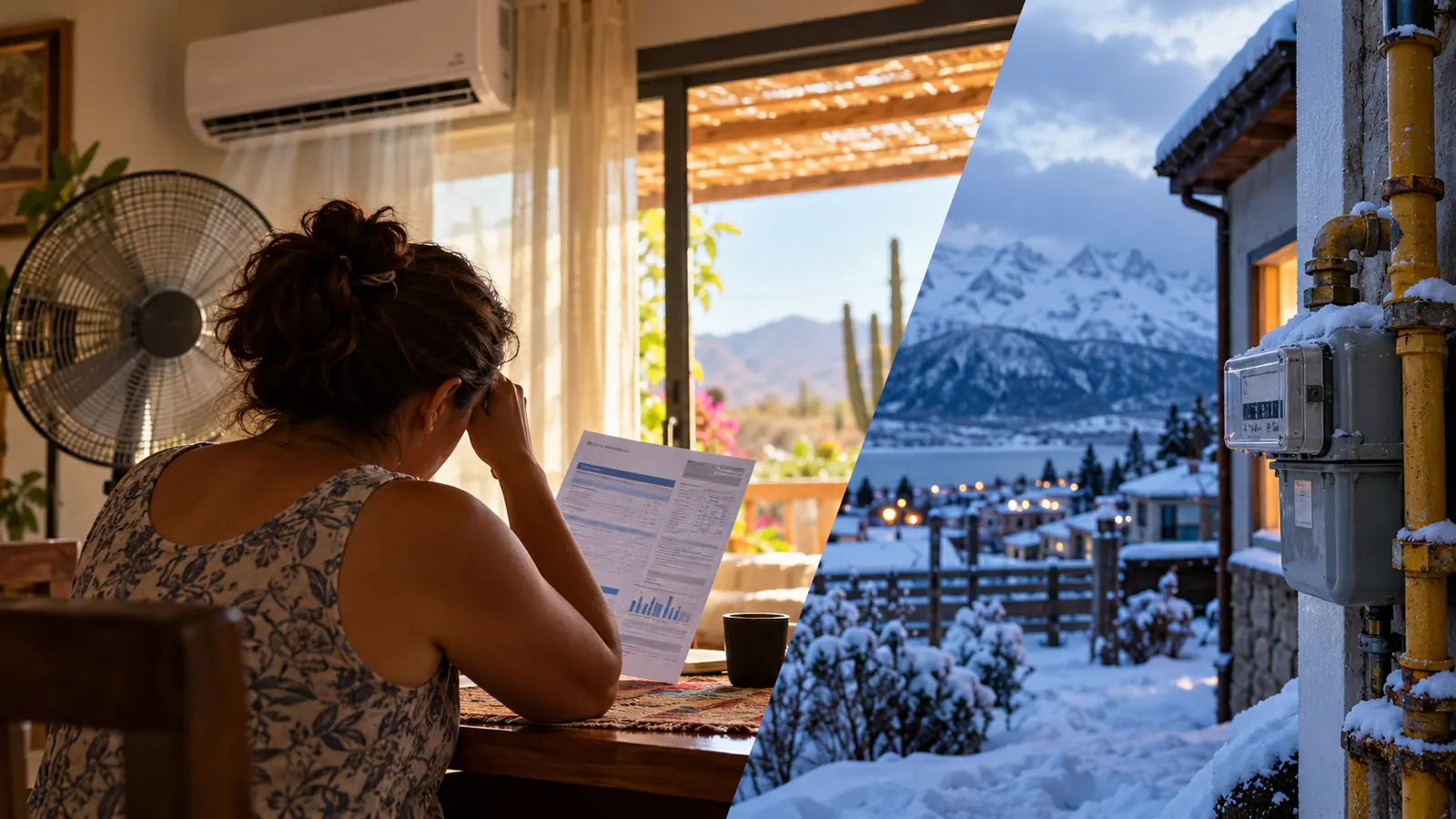 Una usuaria revisa una factura eléctrica en una vivienda cálida junto a una escena invernal con medidor de gas