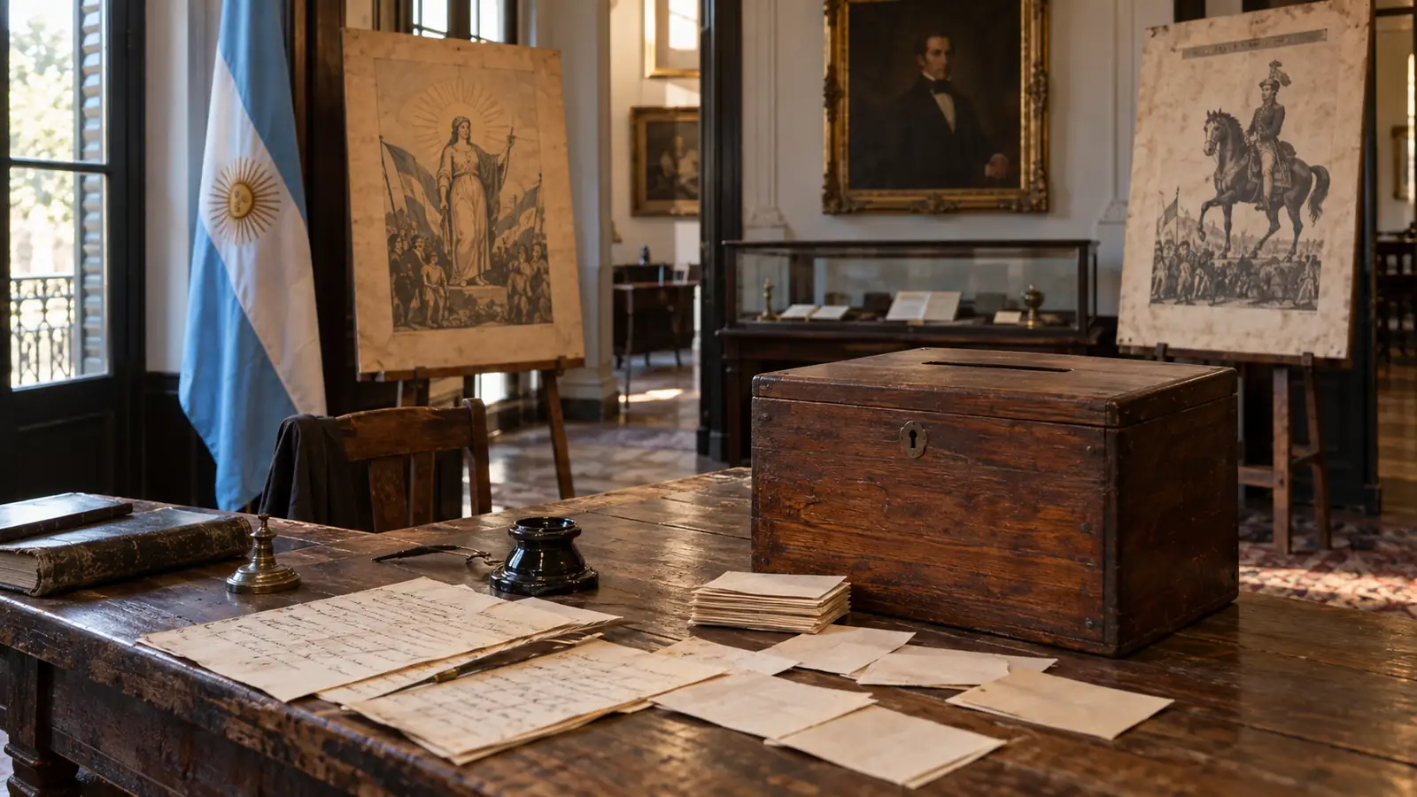 Urna de madera, papeletas y documentos históricos en una recreación museográfica de una elección argentina del siglo XIX
