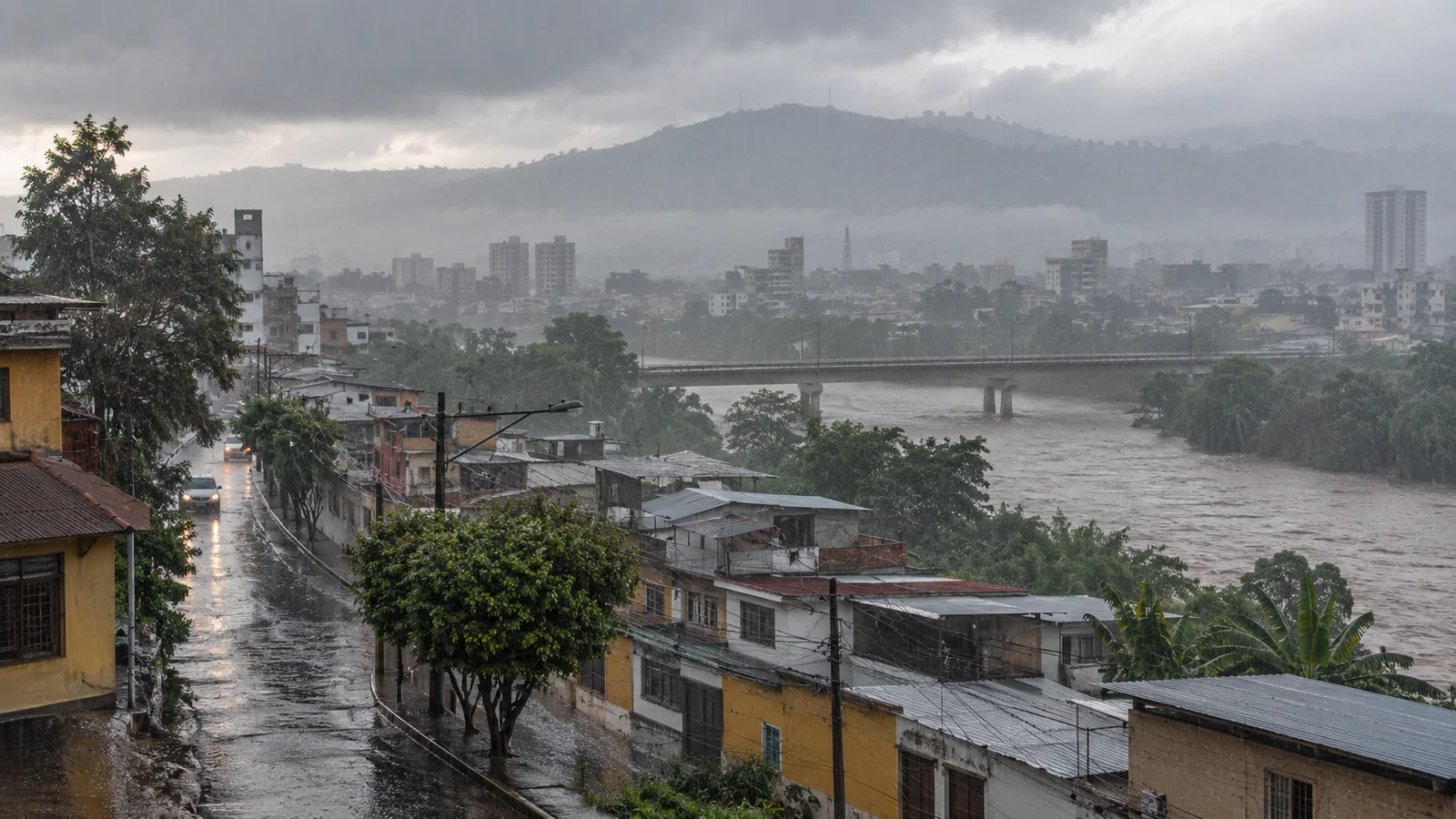 Ilustración editorial de una ciudad sudamericana bajo lluvias intensas asociadas al fenómeno de El Niño