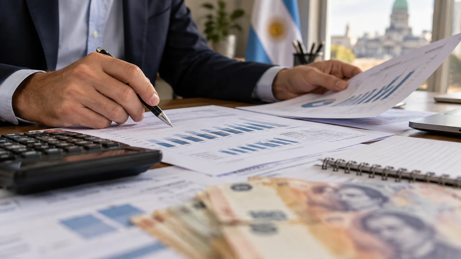 Planillas presupuestarias y calculadora sobre un escritorio de análisis económico