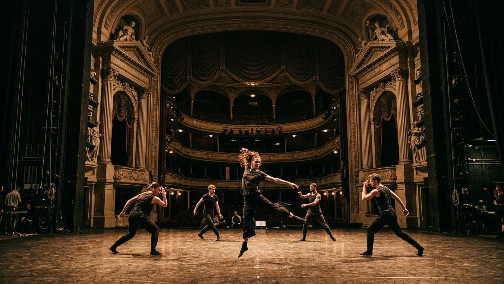 Bailarines contemporáneos en el escenario del Teatro Colón bajo focos escénicos y arcos teatrales