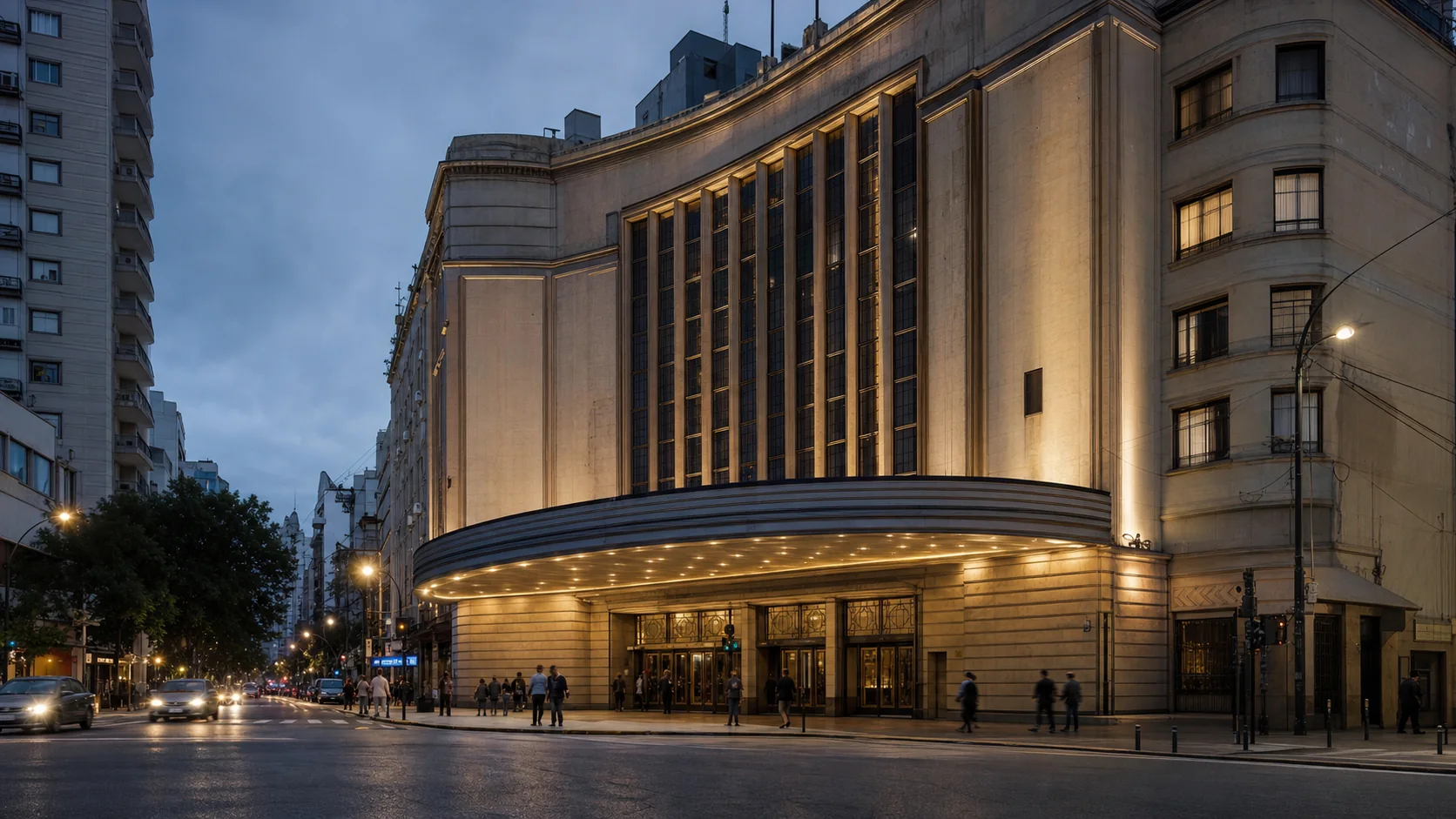 Fachada iluminada de un teatro histórico sobre una avenida de Buenos Aires al anochecer
