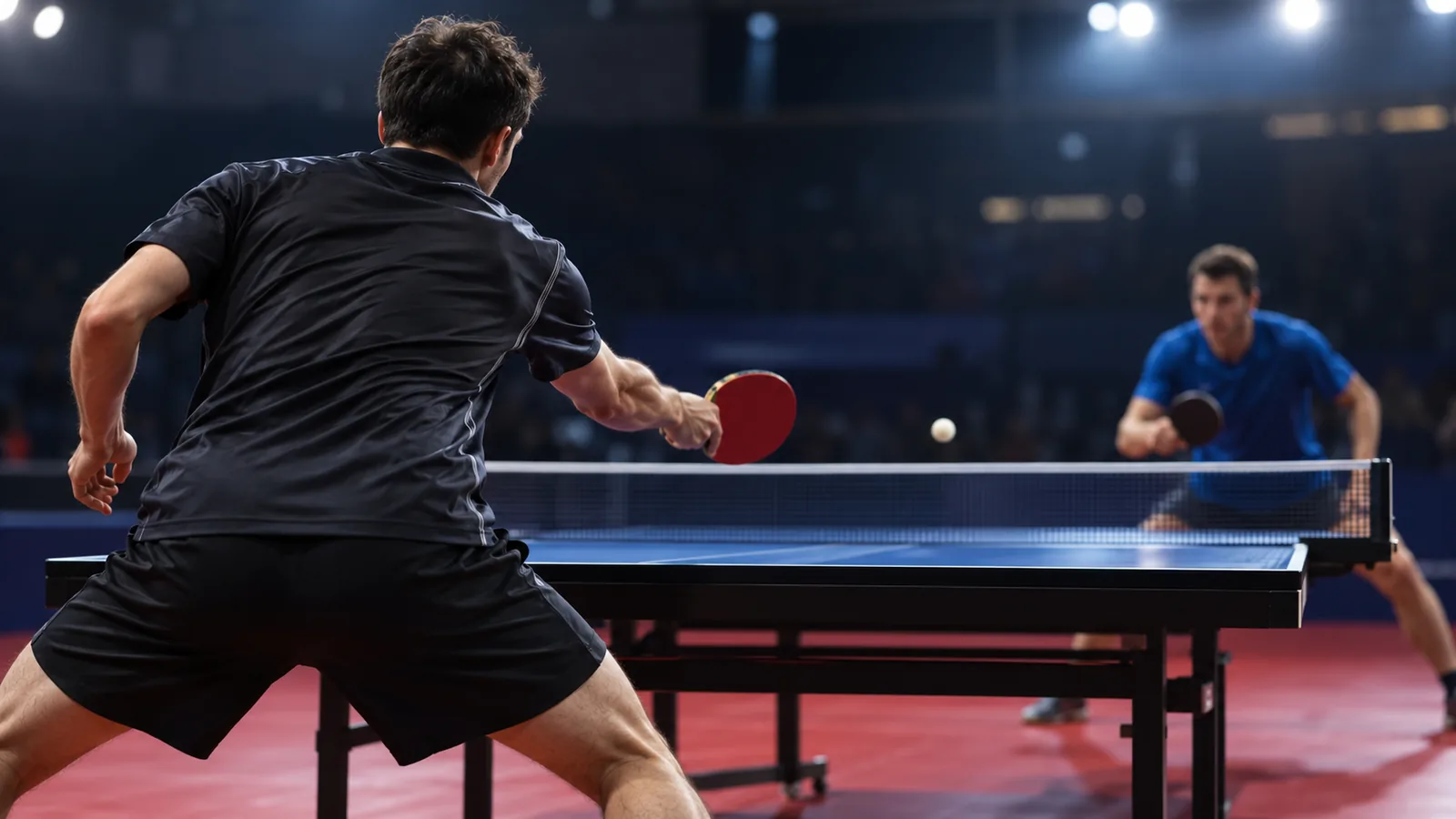 Dos jugadores de tenis de mesa disputan un punto en una cancha interior