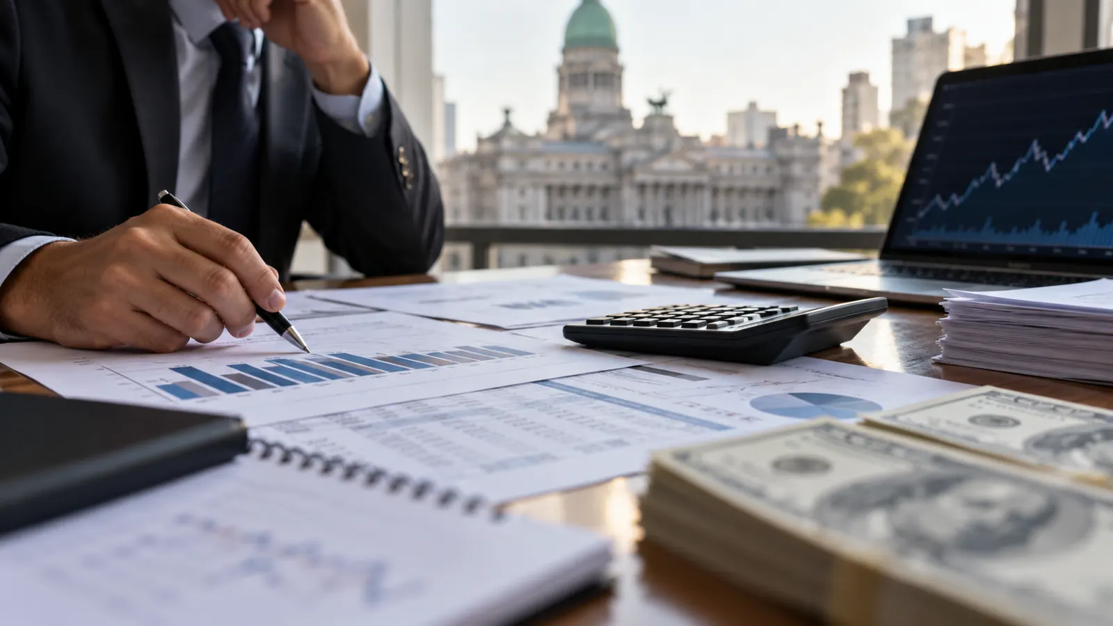 Analista financiero revisa gráficos y documentos sobre una mesa con calculadora