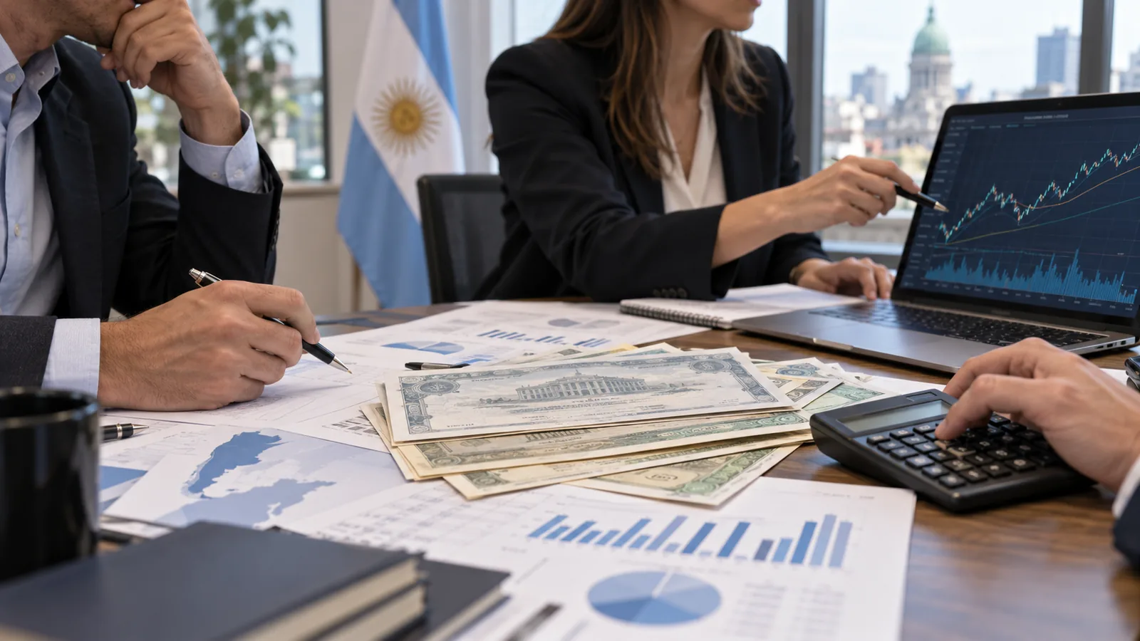 Analistas revisan documentos financieros, bonos y gráficos en una mesa de trabajo
