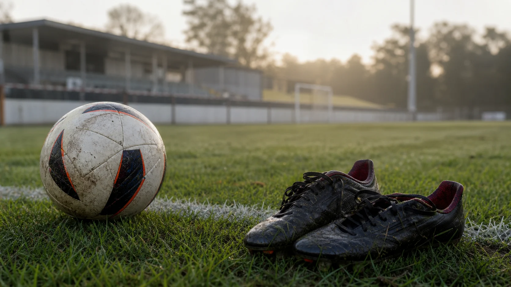 Pelota y botines sobre un campo de entrenamiento vacío al amanecer